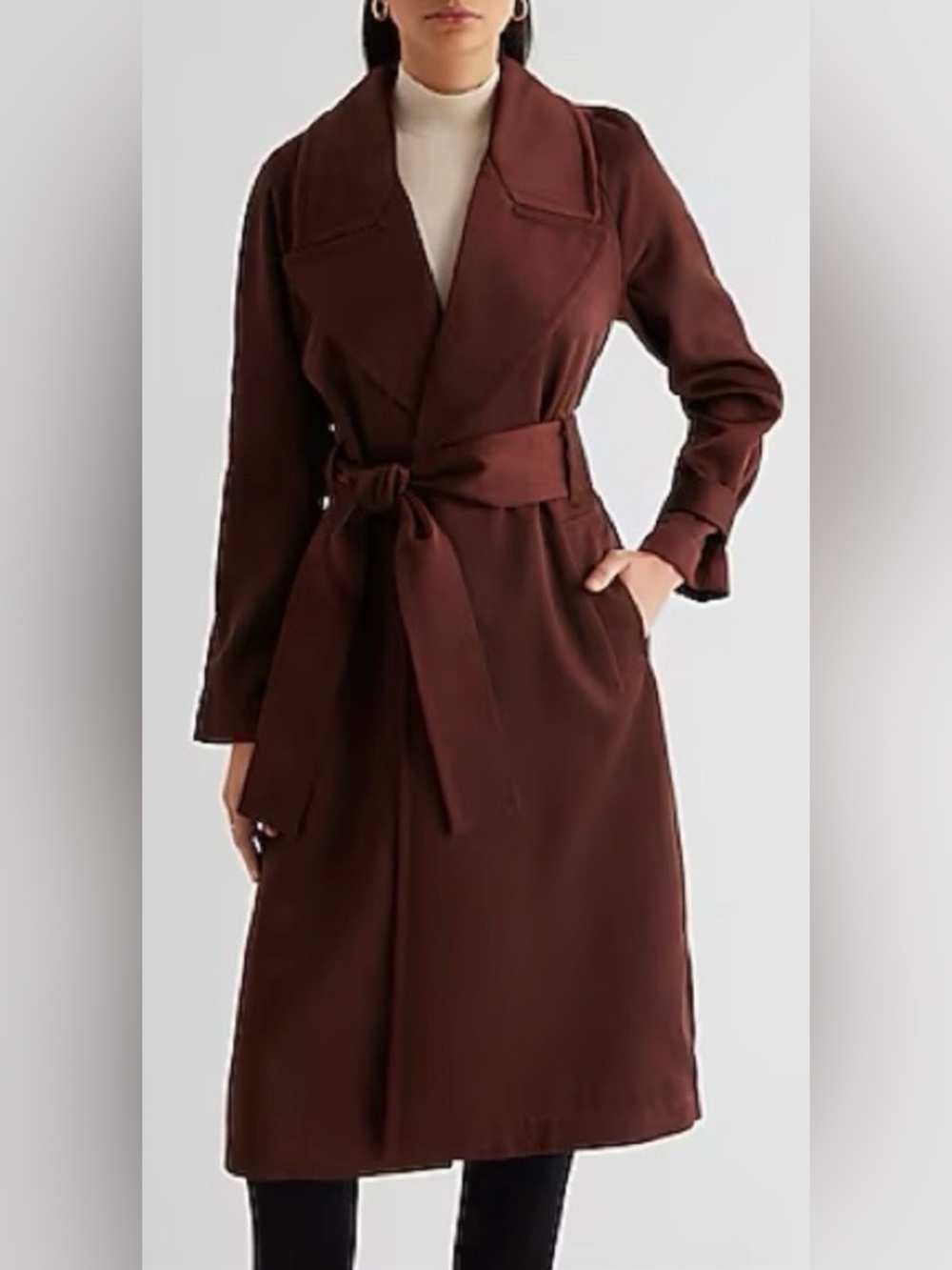 NEW! Express Belted Trench Satin Coat in Chocolate Brown - Size L